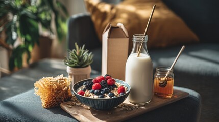 Beautiful ceramic bowl with granola, fresh fruit, plant-based milk carton and subtle sustainable lifestyle elements such as a linen napkin, wooden spoon.