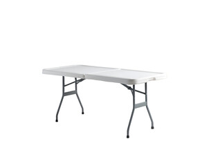 Studio shot of a versatile foldable plastic table on a plain backdrop emphasizing its portability and utility for events or temporary setups, showcasing its clean design