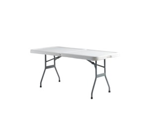Studio shot of a versatile foldable plastic table on a plain backdrop emphasizing its portability and utility for events or temporary setups, showcasing its clean design