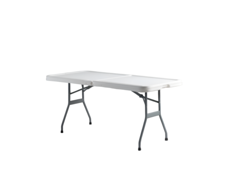 Studio shot of a versatile foldable plastic table on a plain backdrop emphasizing its portability and utility for events or temporary setups, showcasing its clean design
