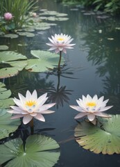 Delicate watercolor water lilies in a serene garden setting, soft pastel hues ,  background,  lovely,  illustration