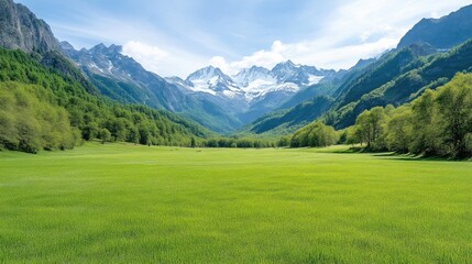 Alpine Meadow Lush Green Valley Vibrant Landscape High-Resolution Wide Shot Expansive Scenery Peaceful Serenity Snow-Capped Mountains Bright Spring Tones Ideal for Travel Brochures