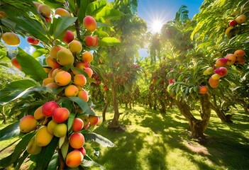Red plums and ripe peaches fill the orchard trees, creating a unique and striking perspective.
