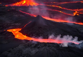 Hot, molten lava flows perilously through dangerous ground fissures, creating a threatening and hazardous landscape.

