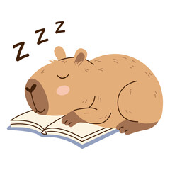 Adorable capybara sleeping on an open book. Flat vector illustration with soft colors and transparent background. Perfect for childrens projects, prints, and relaxation themes.