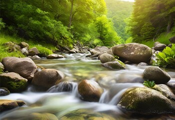 gentle stream flows over rocks, creating a soothing waterfall through the peaceful mountain forest.
