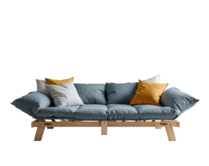 Stylish futon bed with soft blue upholstery and accent pillows on an isolated plain surface, ideal for modern minimalist interior designs and comfortable living spaces