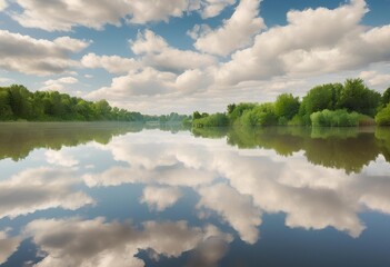 calm river flows gently beside lush, tree-filled shores, creating a peaceful and serene atmosphere.
