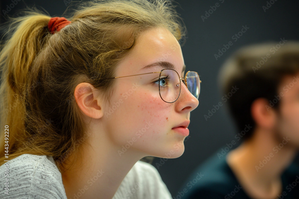 Poster focused student writing during test exam in classroom surrounded by classmates during study session 