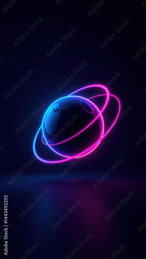 Poster an artistic representation of an atomic structure with a neon-lit earth at its core.