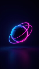 An artistic representation of an atomic structure with a neon-lit Earth at its core.
