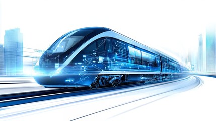 Naklejka premium A sleek, modern train with glowing blue lights speeding through a city. Modern and effective infrastructure, advanced technology concept.