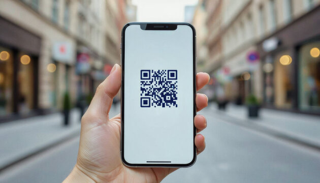 A hand holds a smartphone displaying a QR code against a blurred urban streetscape with shops and buildings.