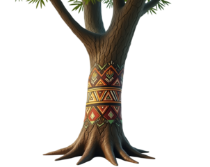 Stylized Tree Trunk Adorned with Vibrant Tribal Art, A Fusion of Nature and Cultural Expression in a Captivating Isolated Image