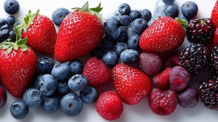 Obraz premium Fresh Healthy Berry Assortment with Red and Blue Fruits on White Surface