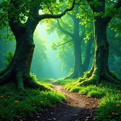 Naklejka premium Ancient trees, vibrant foliage, misty New Forest trail , hiking, brown, light