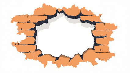 Cracked Brick Wall with an Opening. Broken Brick Wall Fragment. Vector illustration.