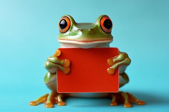 Studio mascot with sign. Cute baby animal frog hold in front paws a prototype - large red zoo sign. Isolated baby animal on a solid uniform blue background. Advertising face shot.