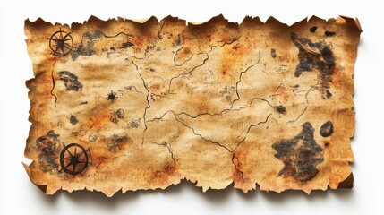 A sheet of old rough recycled paper with splashes and ragged edges on a white background with a shadow. Copyspace for treasure map design.