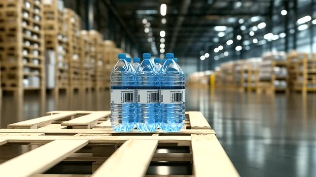 Modern distribution center with water bottles on wooden pallets, barcode labels visible, packed for outbound freight