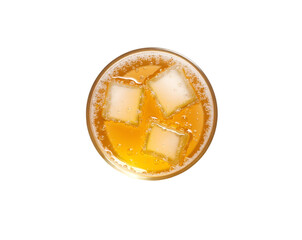 Top View of Refreshing Amber Beverage with Crystalline Ice Cubes, Showcasing a Play of Light and Texture in a Transparent Glass Filled to the Brim