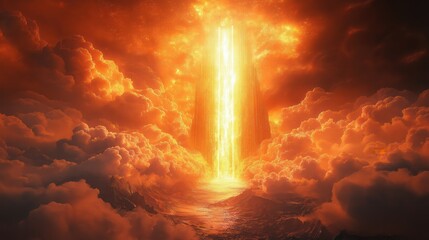 The heavenly gates, depicted as towering golden doors with an ethereal glow