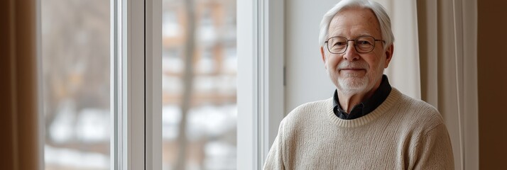 A man in a white sweater is smiling at the camera. He is standing in front of a window with a view of a city