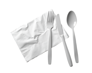 Top-Down High-Contrast Still Life, Disposable White Plastic Cutlery ,Knife, Fork and Spoon, with a White Paper Napkin on a Minimalist Setting