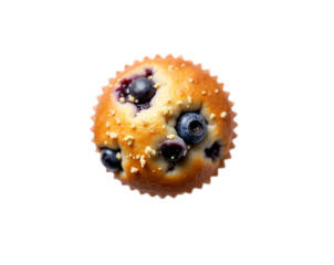 Top-Down View of a Deliciously Baked Blueberry Muffin, A Tempting Treat Showcasing Golden Crust, Plump Berries, and Crumb Topping on an Isolate