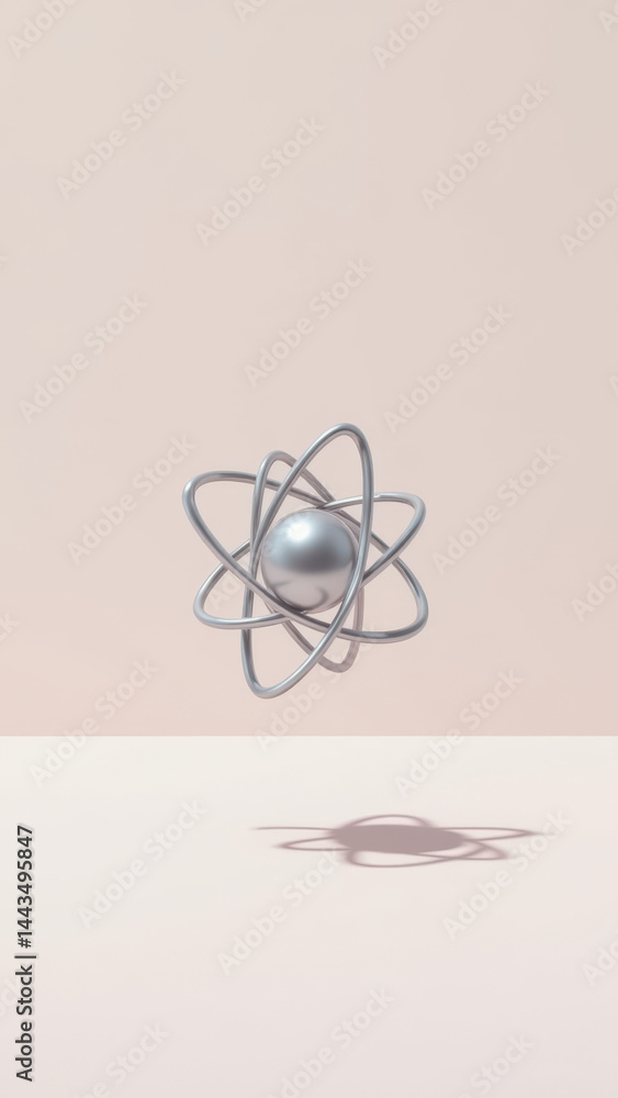 Poster an atomic illustration with a focus on the nucleus of an atom, set against two contrasting colors fo