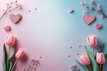 Herzlicher Muttertags-Hintergrund mit Tulpen und rosa-pinken Elementen auf Farbverlauf