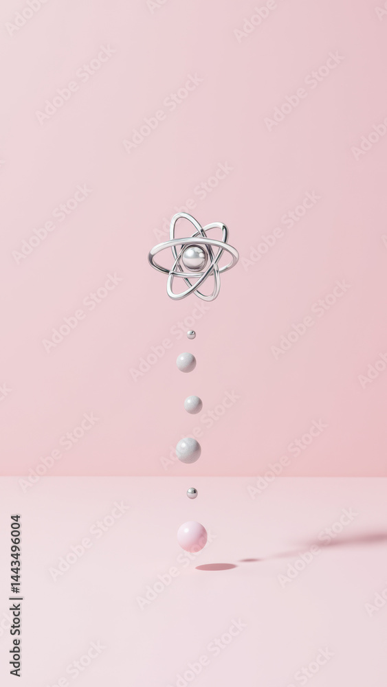 Aufkleber image of an atomic explosion with a pink to grey color transition, featuring multiple atoms in motio