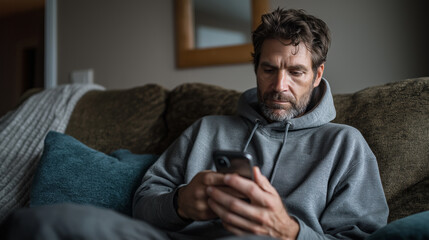 Fototapeta premium A relaxed man sits on a soft couch wearing a warm hoodie, focused on his smartphone. The cozy atmosphere of the living room enhances his moment of solitude and engagement