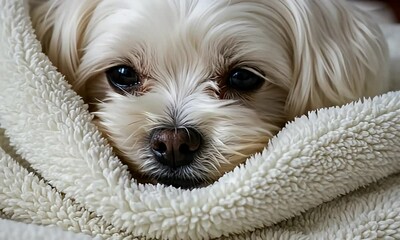 Small white dog nestled in a soft, fluffy white blanket - Powered by Adobe