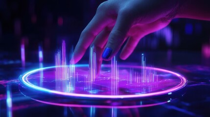 A high tech hand analyzing glowing 3D charts on a reflective digital surface futuristic office blue and purple neon glow modern design.