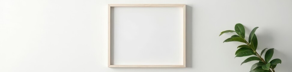 Obraz premium Off-white picture frame slightly askew on a white wall , white wall, bright