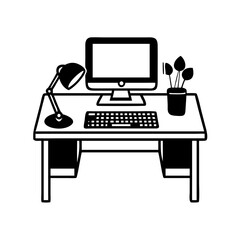 A minimalist workstation featuring a computer, desk lamp, and potted plant