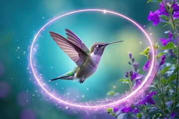 Fototapeta premium Hummingbird in Flight Surrounded by a Purple Sparkling Circle Generative AI