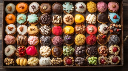 Assortment of gourmet doughnuts artfully arranged in a rustic wooden tray