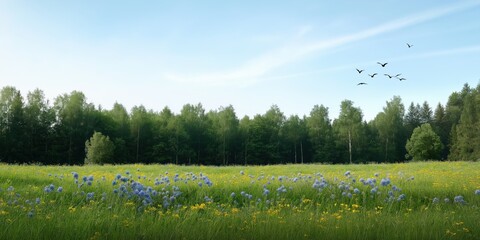 Fototapeta premium A field of flowers and trees with a blue sky in the background. The sky is clear and the sun is shining brightly