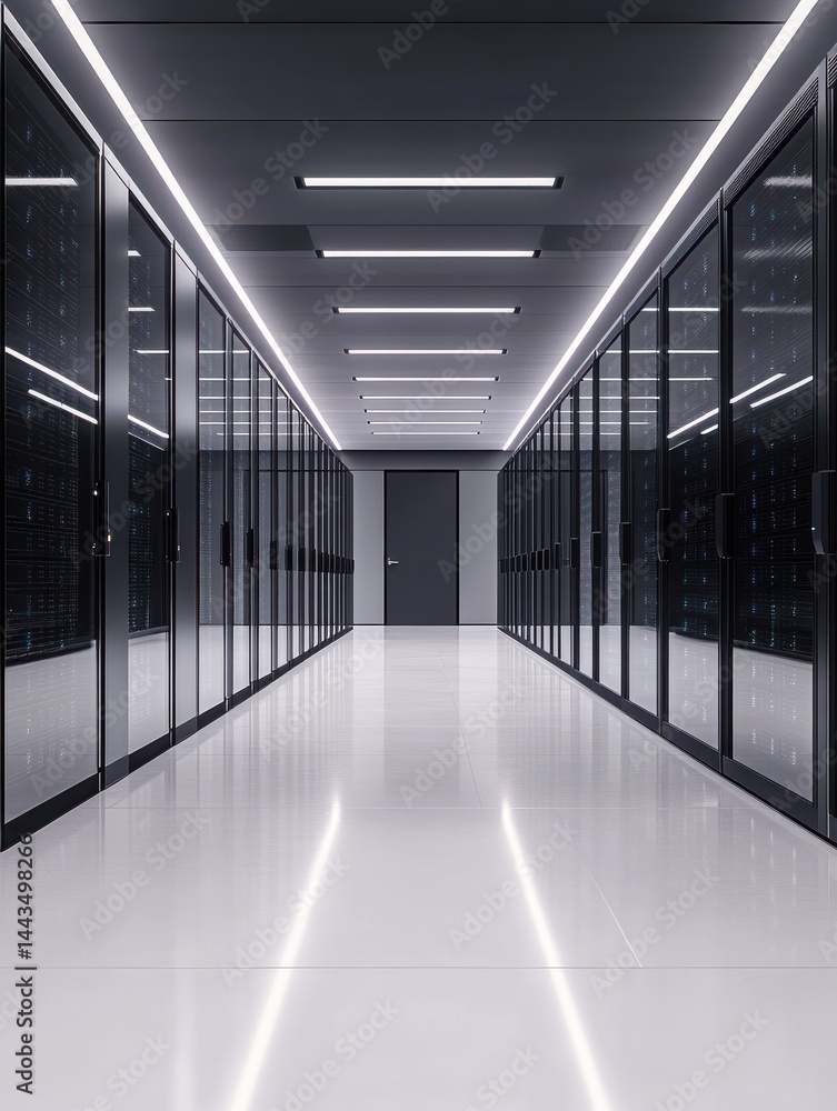 Poster a modern data center room with sleek server racks in a clean design