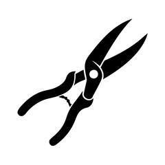 A silhouette image of open gardening shears with curved blades and handles