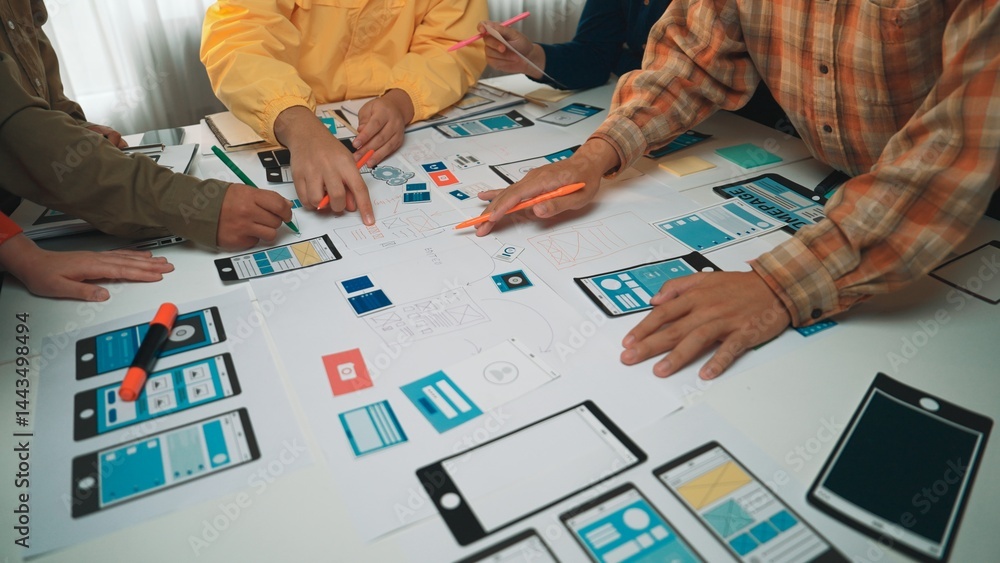 Poster a vibrant workspace filled with professionals engaged in a collaborative design session. hands draw 