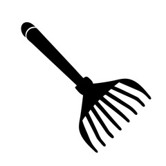 Silhouette image of a garden rake with a handle and tines