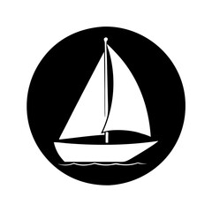 Monochrome illustration of a sailboat within a circular black background