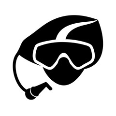 Black and white silhouette illustration of a snorkeling mask with breathing apparatus