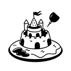 Stylized Black and White Sandcastle on Plate with Balloon Decoration Image