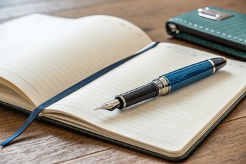 Pen Resting on Open Notebook Near Wallet on Wooden Table Generative AI