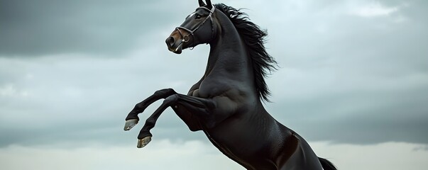 Majestic dark horse rears up on its hind legs dramatically
