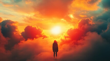 Fototapeta premium A person standing near a vibrant and bright cloud, possibly symbolizing hope or positivity